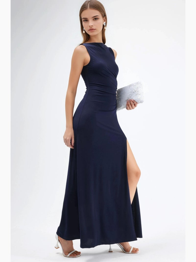 Vestido maxi cor areia com detalhe de racha e franzidos hiccup Azul-marinho - Kiabi