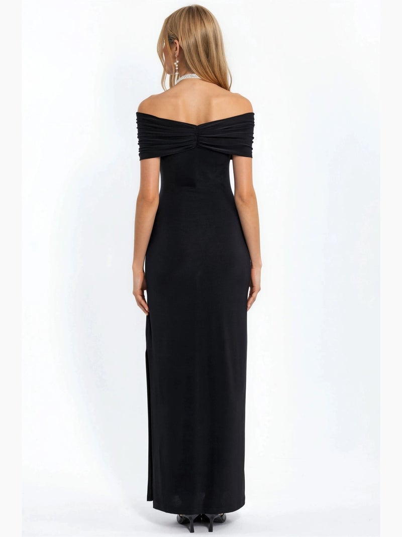 Vestido maxi cor areia com ombros descobertos e detalhe de racha hiccup Preto - Kiabi