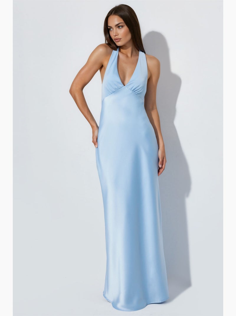 Vestido maxi de cetim com decote em v e alças ao pescoço hiccup Azul-céu - Kiabi