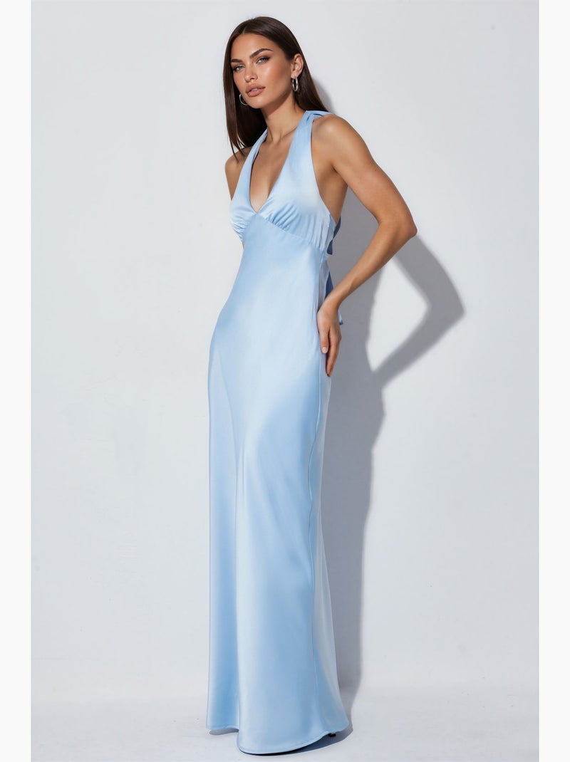 Vestido maxi de cetim com decote em v e alças ao pescoço hiccup Azul-céu - Kiabi