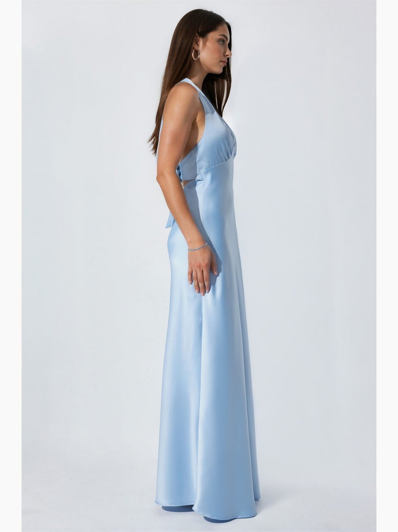 Vestido maxi de cetim com decote em v e alças ao pescoço hiccup Azul-céu - Kiabi