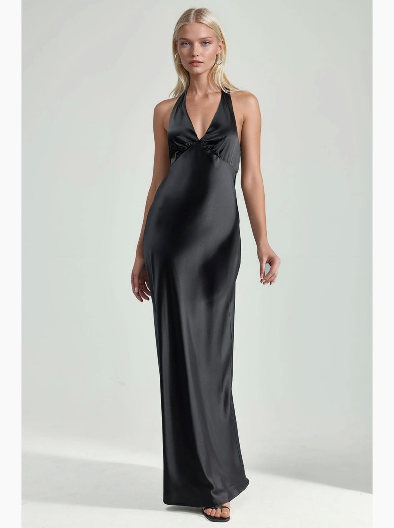 Vestido maxi de cetim com decote em v e alças ao pescoço hiccup Preto - Kiabi