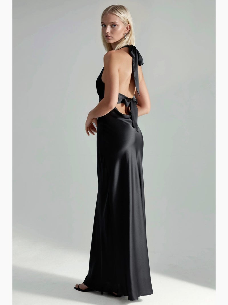 Vestido maxi de cetim com decote em v e alças ao pescoço hiccup Preto - Kiabi