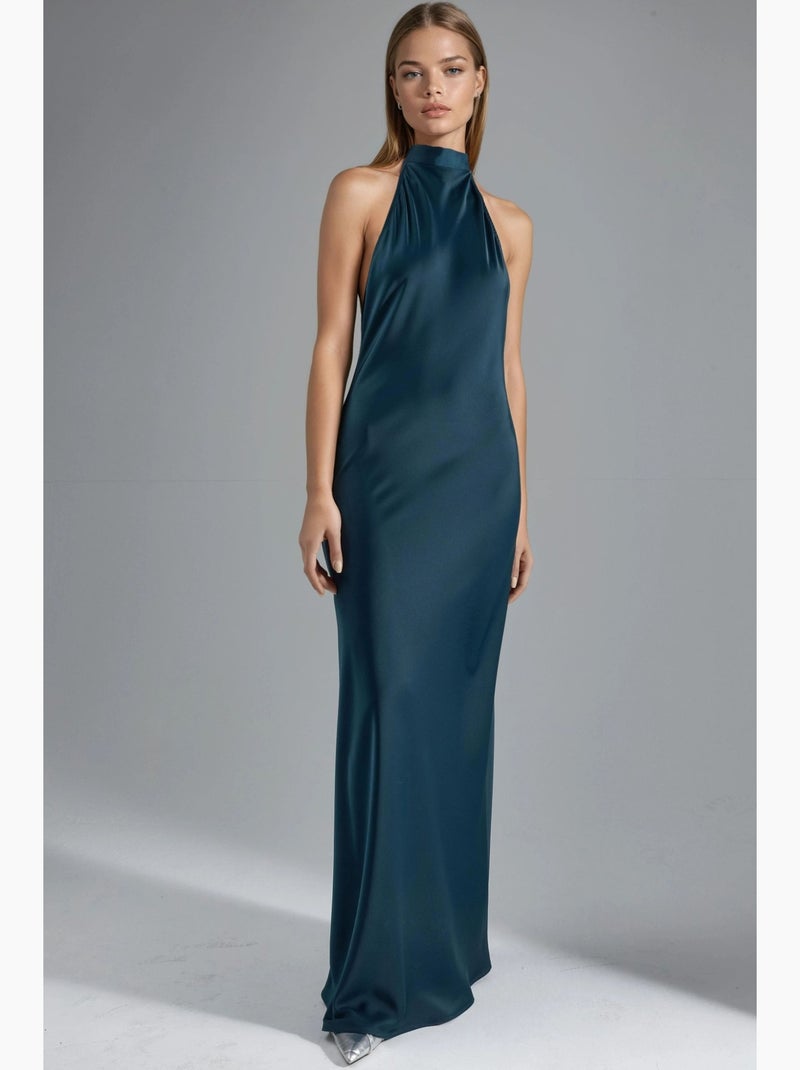 Vestido maxi de cetim com decote halter hiccup Verde escuro - Kiabi