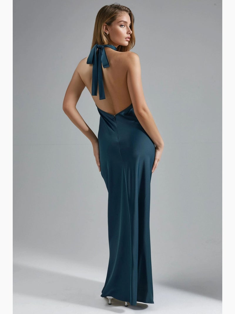 Vestido maxi de cetim com decote halter hiccup Verde escuro - Kiabi