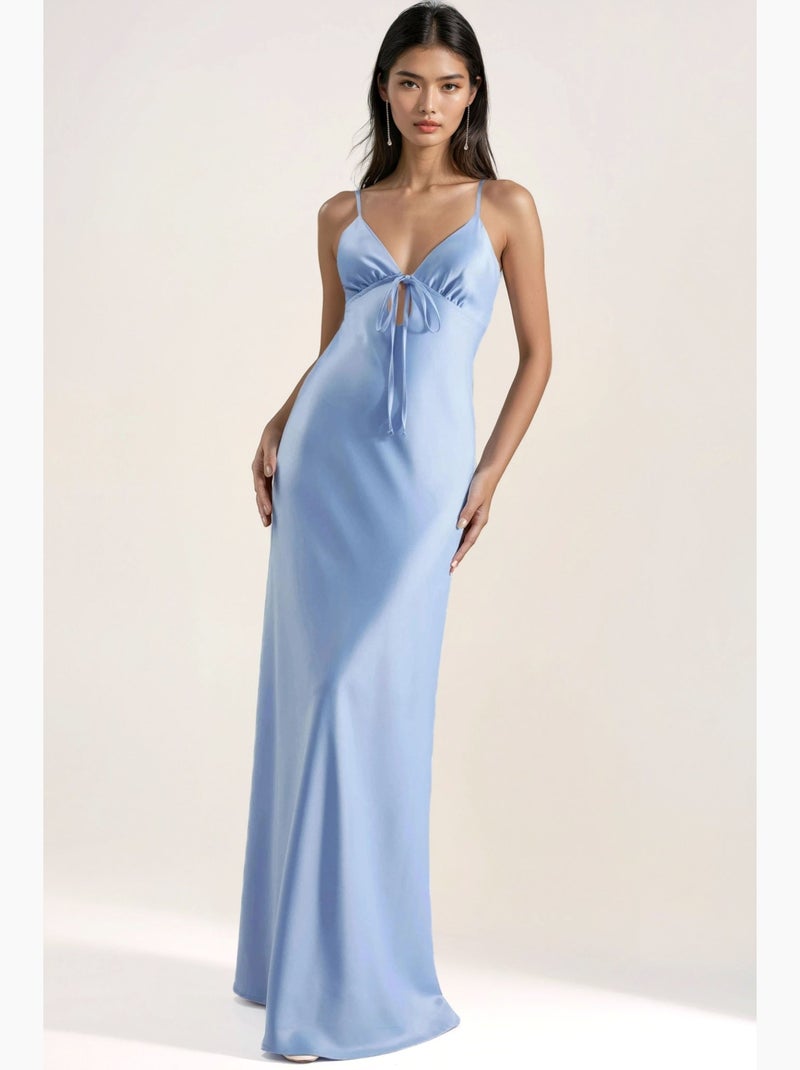 Vestido maxi de cetim com detalhe cut-out e laço à frente hiccup Azul-céu - Kiabi
