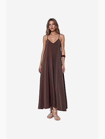 Vestido maxi de cetim sem mangas busem