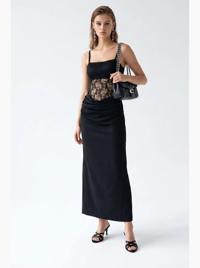 Vestido maxi de cetim sem mangas com decote quadrado mixray Preto - Kiabi