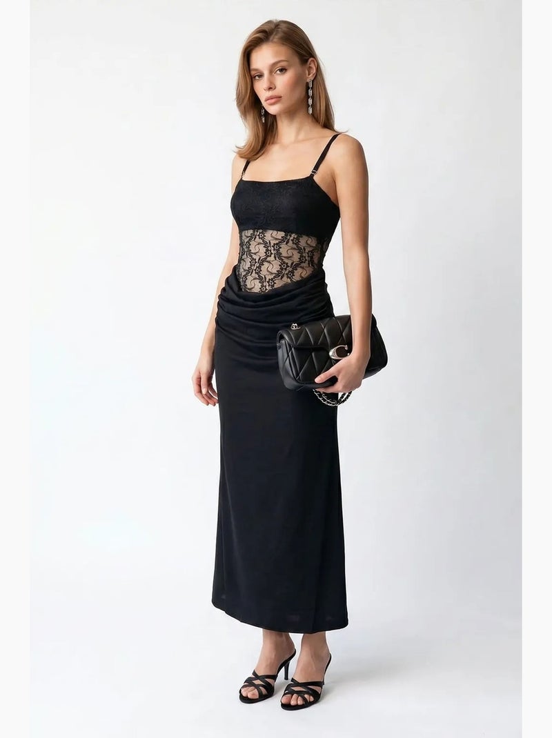 Vestido maxi de cetim sem mangas com decote quadrado mixray Preto - Kiabi