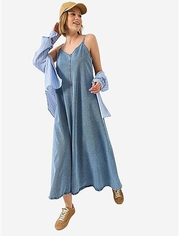 Vestido maxi de ganga com decote em v e fecho de botões lucci