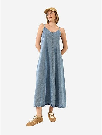 Vestido maxi de ganga com decote em v e fecho de botões lucci