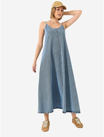 Vestido maxi de ganga com decote em v e fecho de botões lucci
