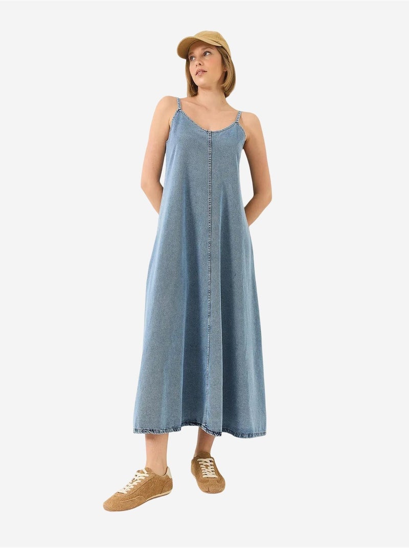 Vestido maxi de ganga com decote em v e fecho de botões lucci Azul claro - Kiabi