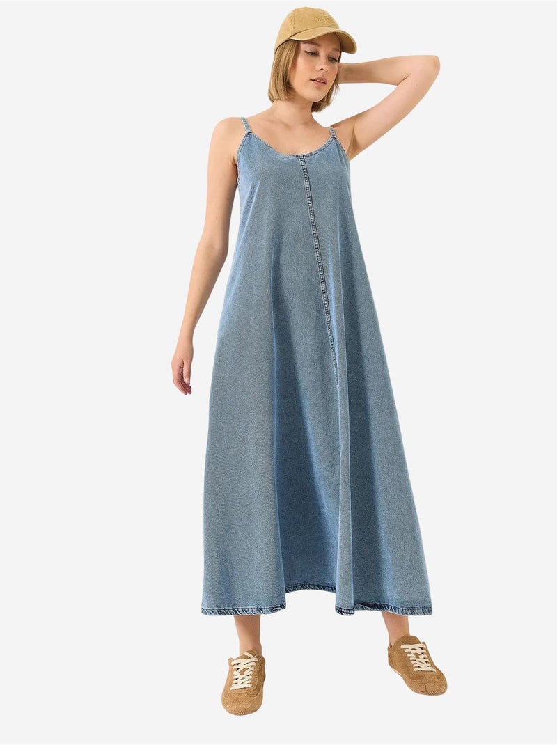 Vestido maxi de ganga com decote em v e fecho de botões lucci Azul claro - Kiabi