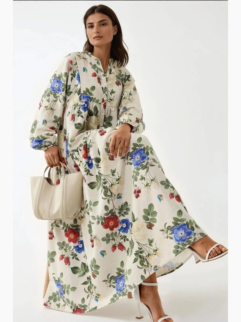Vestido maxi de gola redonda com estampado floral e toque de linho hiccup Creme - Kiabi