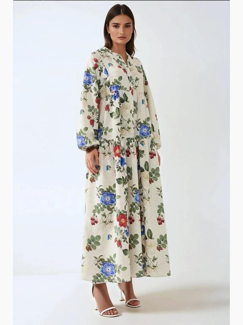 Vestido maxi de gola redonda com estampado floral e toque de linho hiccup Creme - Kiabi