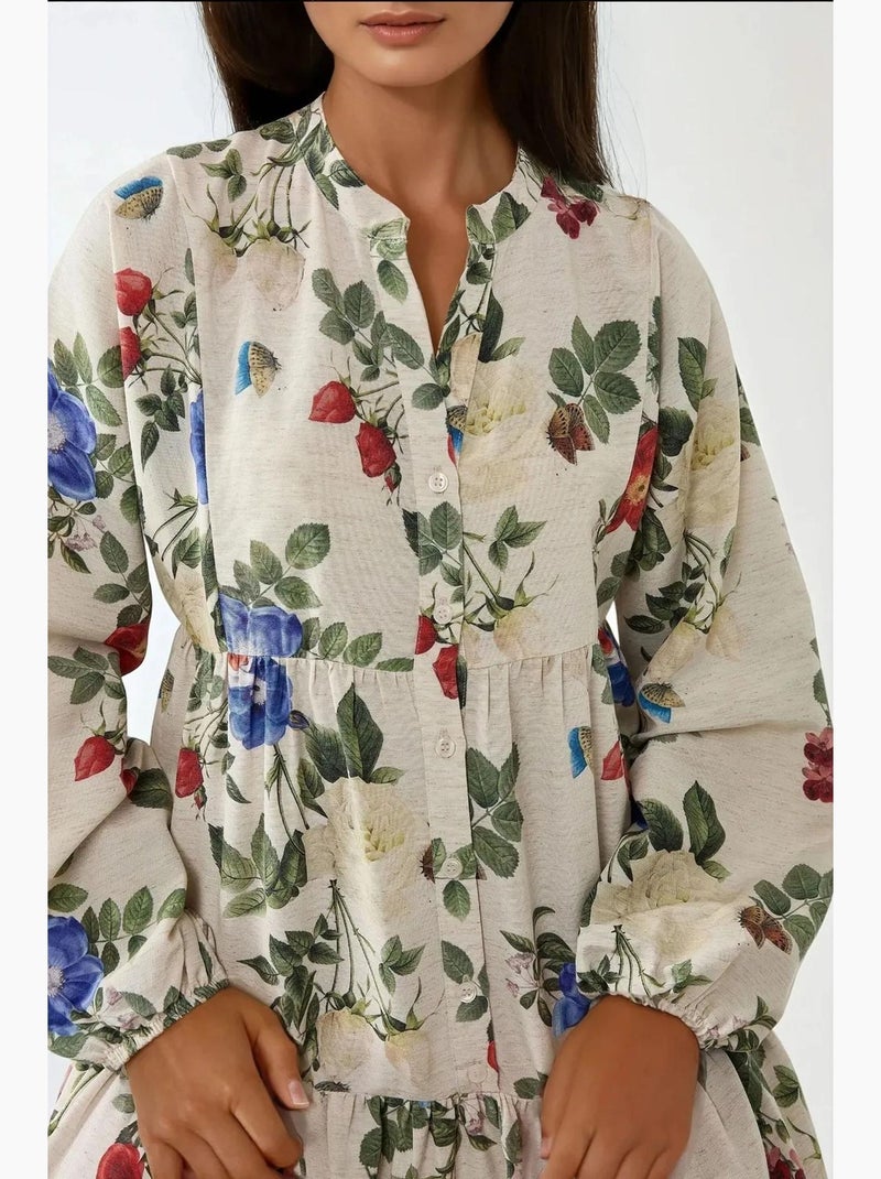 Vestido maxi de gola redonda com estampado floral e toque de linho hiccup Creme - Kiabi
