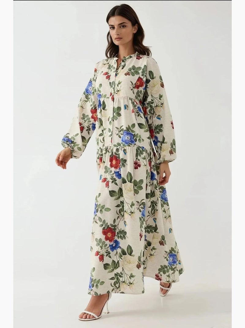 Vestido maxi de gola redonda com estampado floral e toque de linho hiccup Creme - Kiabi