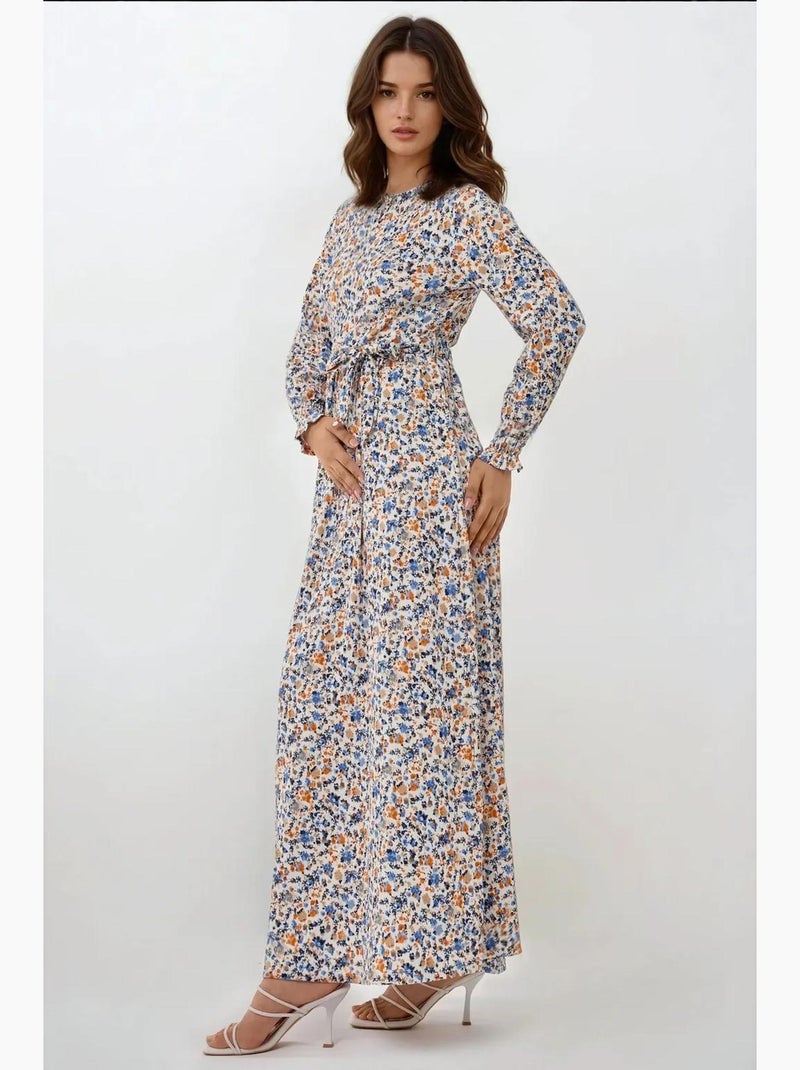 Vestido maxi de gola redonda com padrão floral com cinto hiccup Azul-céu - Kiabi