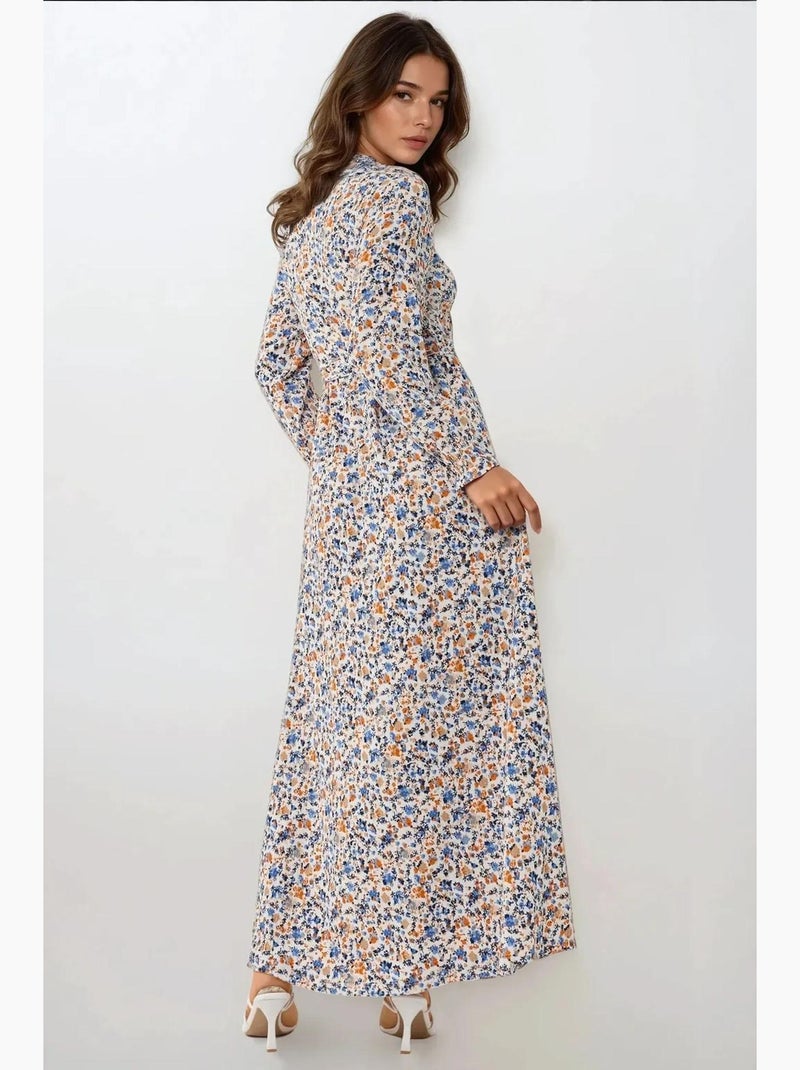 Vestido maxi de gola redonda com padrão floral com cinto hiccup Azul-céu - Kiabi