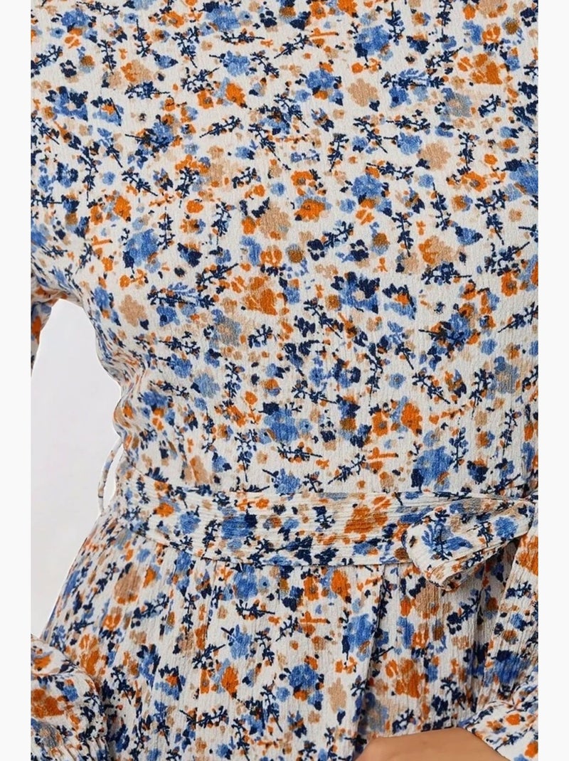 Vestido maxi de gola redonda com padrão floral com cinto hiccup Azul-céu - Kiabi