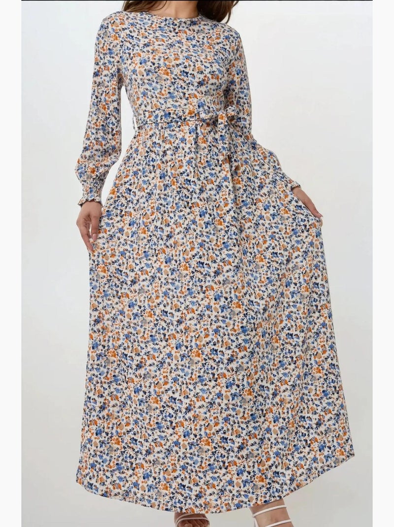 Vestido maxi de gola redonda com padrão floral com cinto hiccup Azul-céu - Kiabi