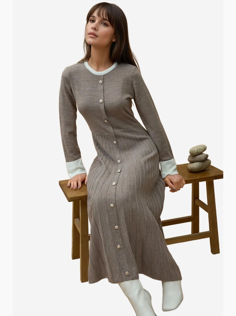 Vestido maxi de malha texturizada hiccup Castanho-claro - Kiabi