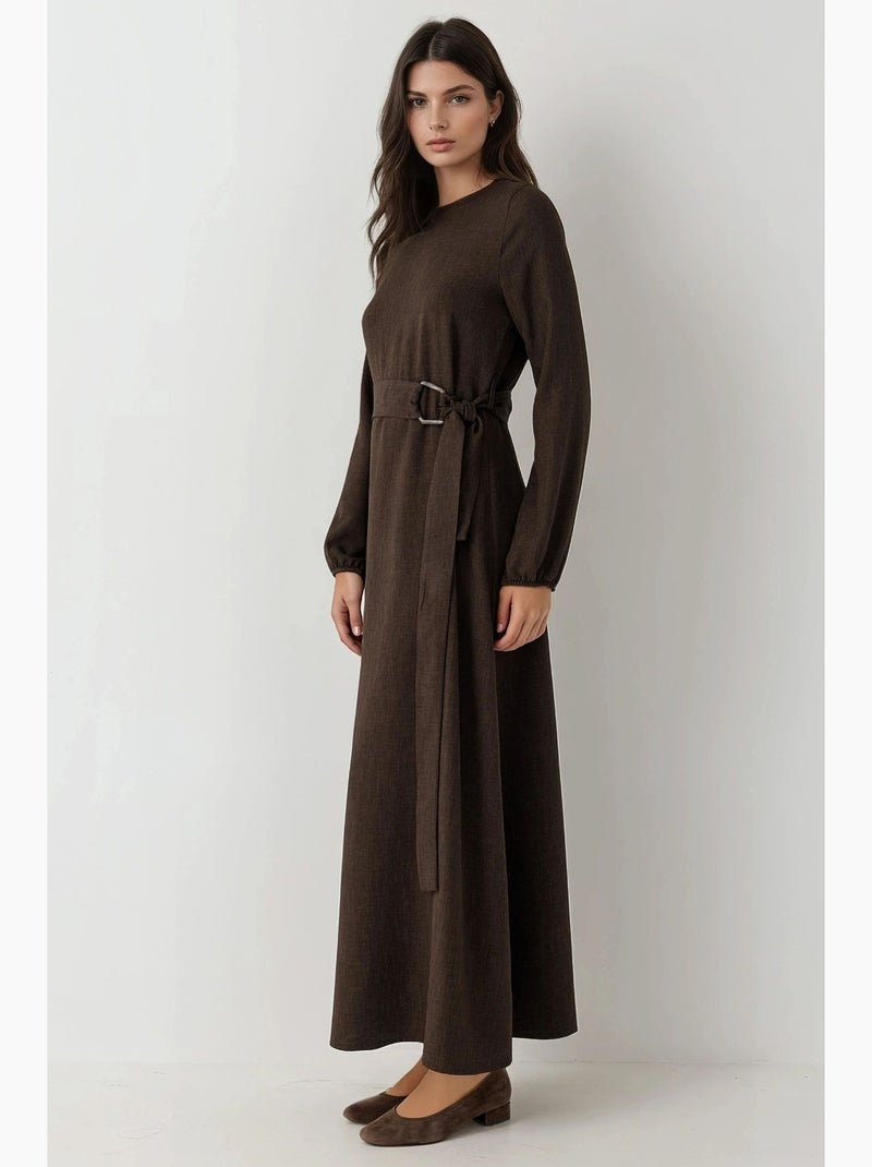 Vestido maxi de manga comprida com detalhe arqueado hiccup Castanho-escuro - Kiabi