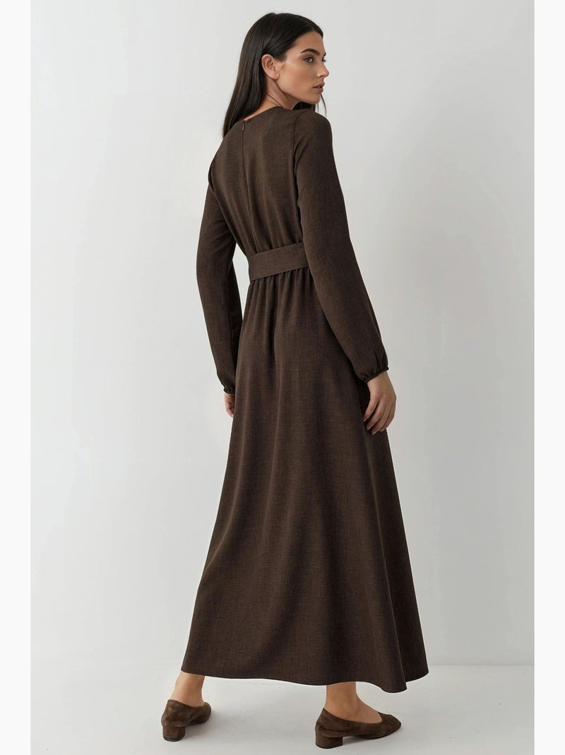 Vestido maxi de manga comprida com detalhe arqueado hiccup Castanho-escuro - Kiabi