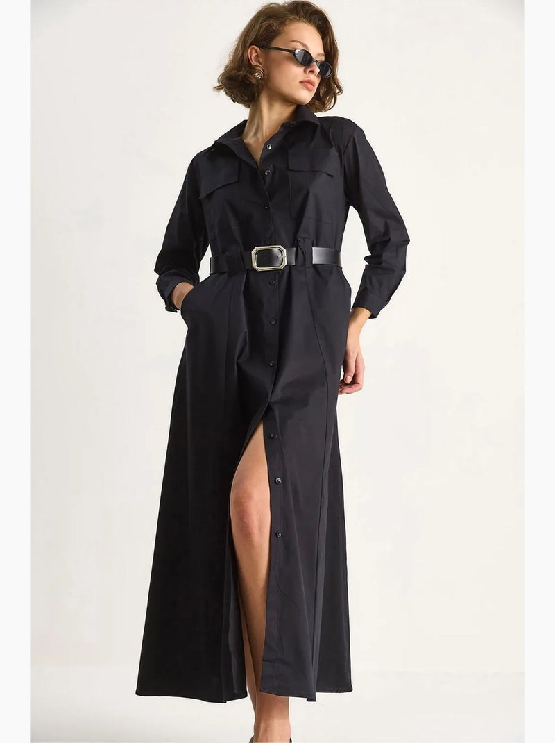 Vestido maxi de manga comprida com fecho de botões e colarinho de camisa lucci Preto - Kiabi