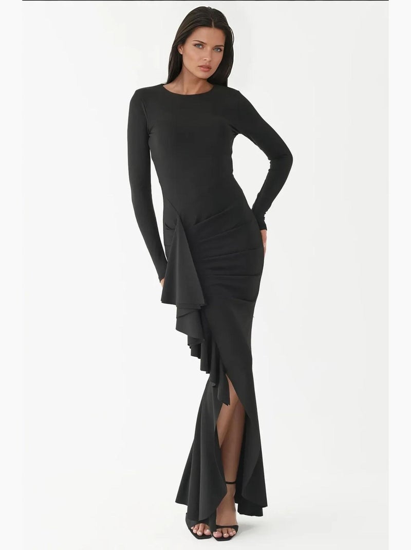 Vestido maxi de manga comprida com racha com folhos hiccup Preto - Kiabi
