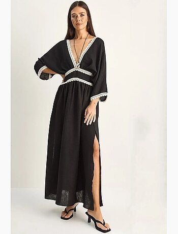 Vestido maxi de musselina de algodão com renda lucci