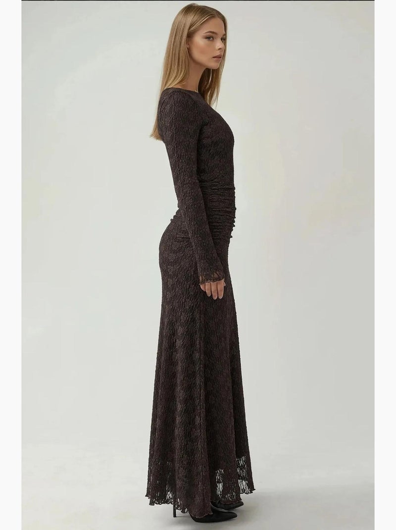 Vestido maxi de renda com gola redonda hiccup Castanho-escuro - Kiabi