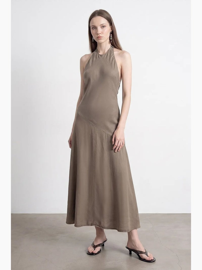 Vestido maxi de tencel com decote halter dilvin Cáqui - Kiabi