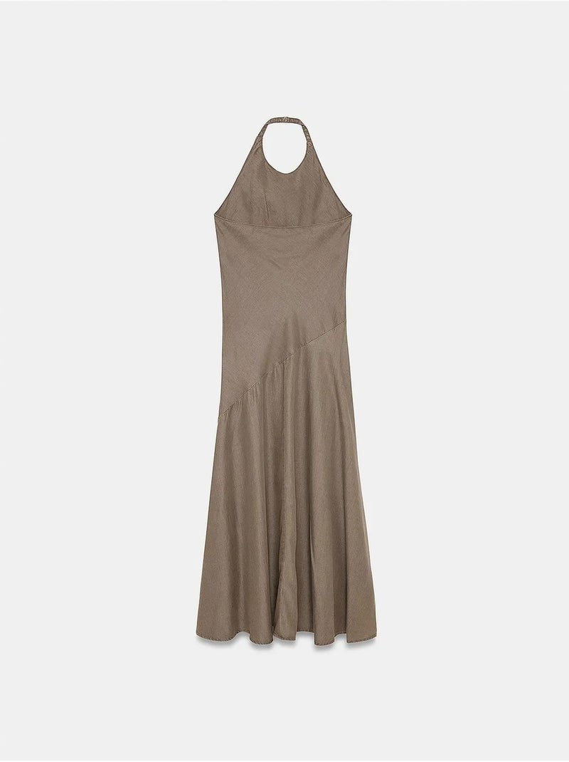 Vestido maxi de tencel com decote halter dilvin Cáqui - Kiabi