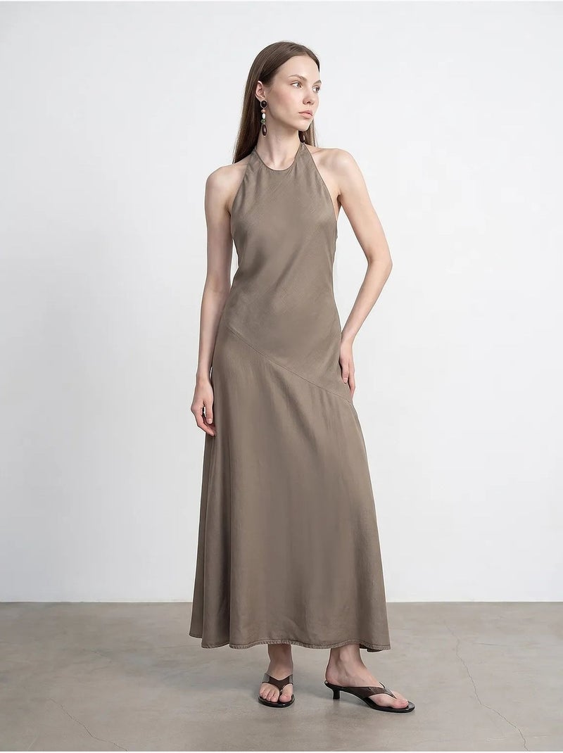 Vestido maxi de tencel com decote halter dilvin Cáqui - Kiabi