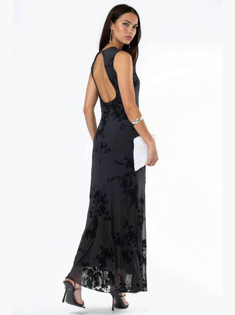 Vestido maxi de tule com estampado floral flocado hiccup Preto - Kiabi