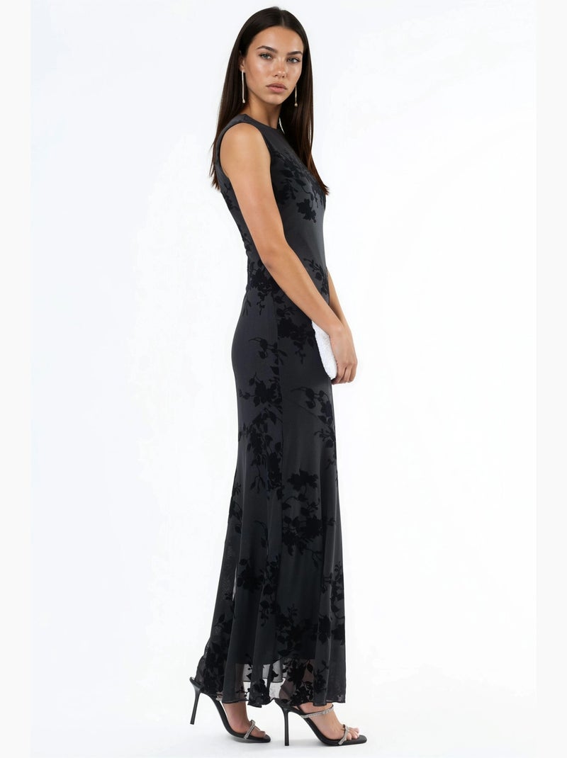 Vestido maxi de tule com estampado floral flocado hiccup Preto - Kiabi