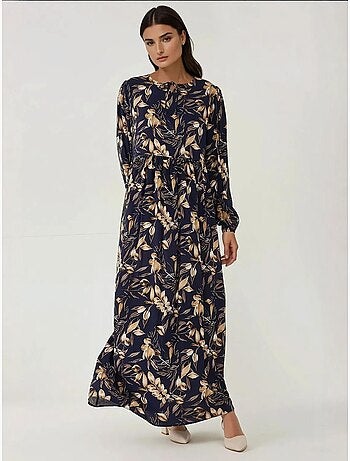 Vestido maxi de viscose com estampado floral e manga comprida hiccup