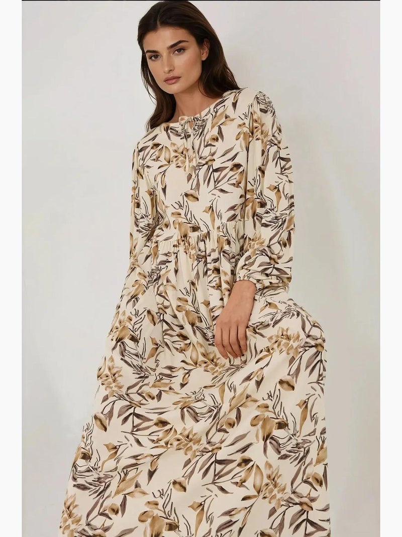 Vestido maxi de viscose com estampado floral e manga comprida hiccup Bege natural - Kiabi