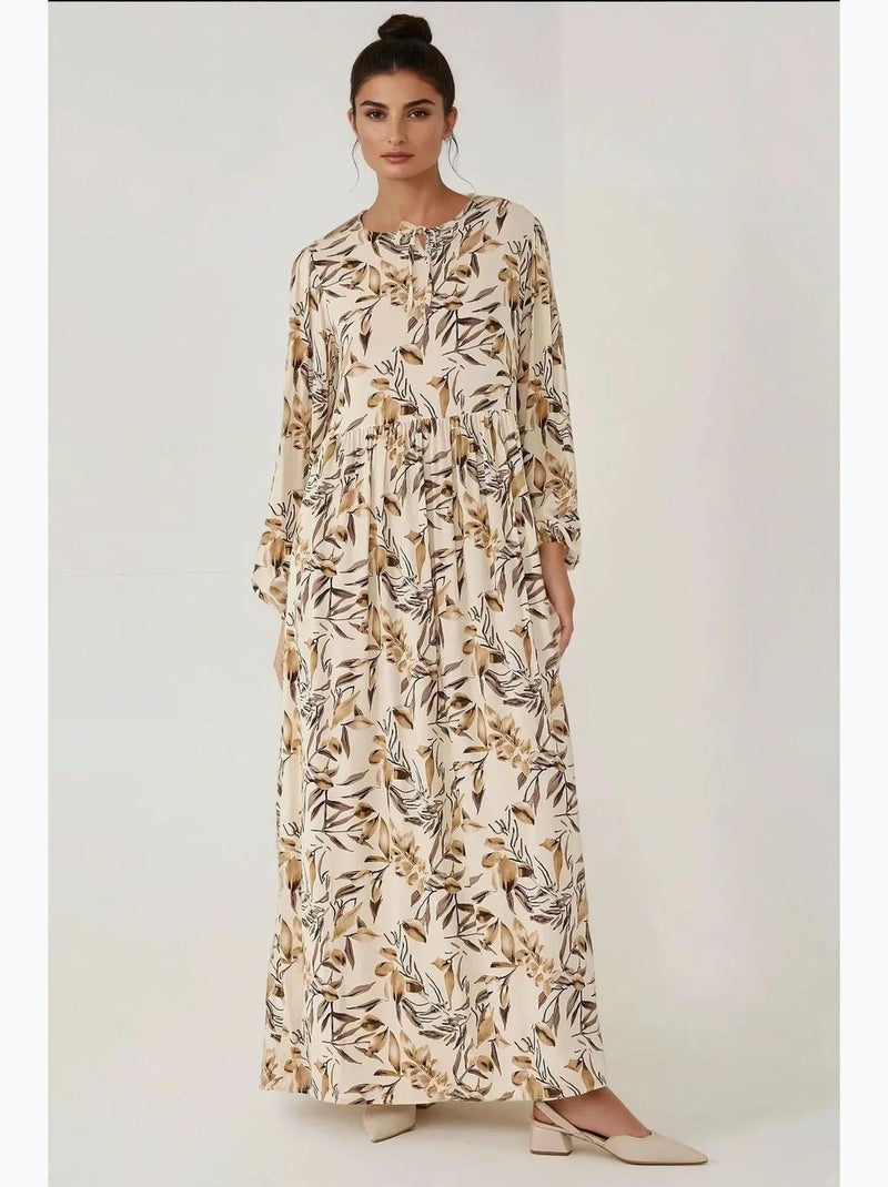Vestido maxi de viscose com estampado floral e manga comprida hiccup Bege natural - Kiabi