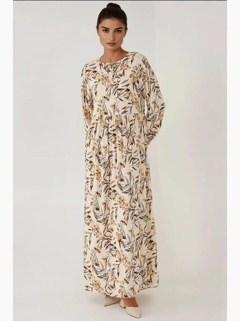 Vestido maxi de viscose com estampado floral e manga comprida hiccup Bege natural - Kiabi