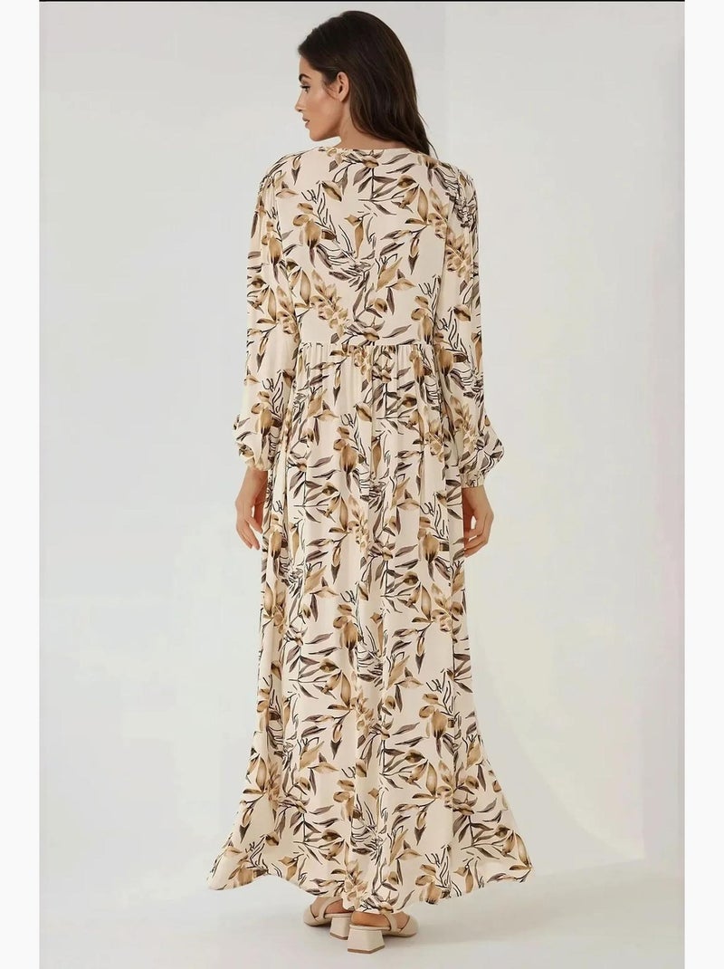 Vestido maxi de viscose com estampado floral e manga comprida hiccup Bege natural - Kiabi