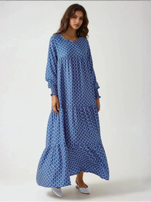 Vestido maxi de viscose estampado com decote redondo hiccup - Kiabi Vestido maxi de viscose estampado com decote redondo hiccup - Kiabi