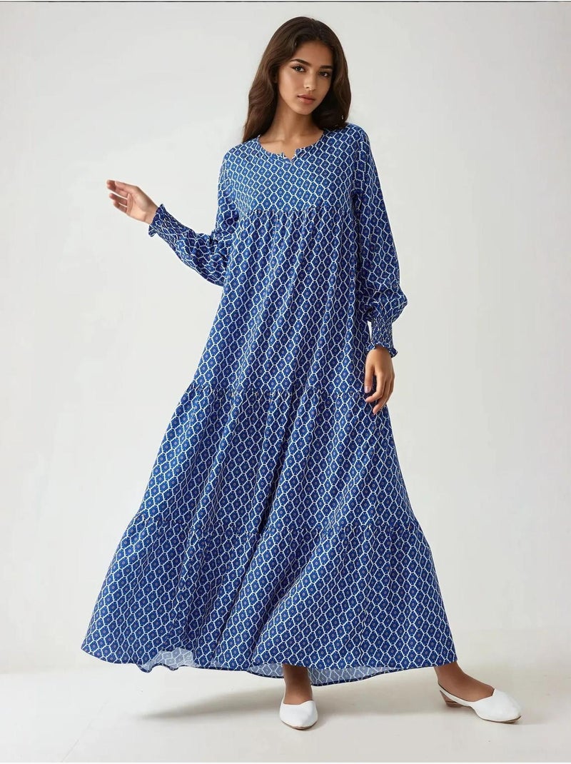 Vestido maxi de viscose estampado com decote redondo hiccup Azul-marinho - Kiabi