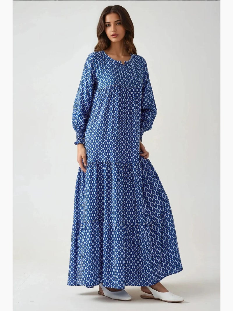 Vestido maxi de viscose estampado com decote redondo hiccup Azul-marinho - Kiabi