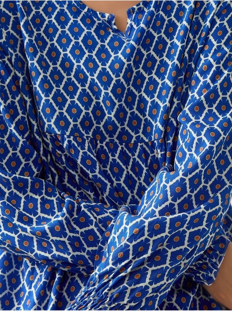 Vestido maxi de viscose estampado com decote redondo hiccup Azul-marinho - Kiabi