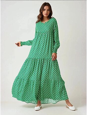 Vestido maxi de viscose estampado com decote redondo hiccup