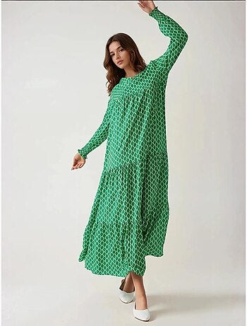 Vestido maxi de viscose estampado com decote redondo hiccup