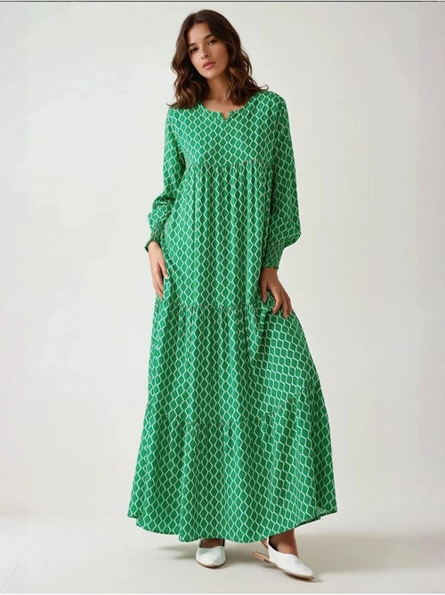 Vestido maxi de viscose estampado com decote redondo hiccup - Kiabi Vestido maxi de viscose estampado com decote redondo hiccup - Kiabi